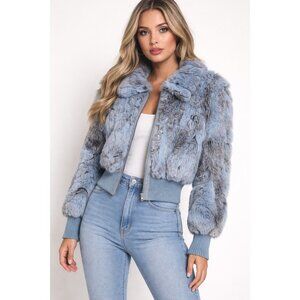 Ebene Blue Gray Genuine Rabbit Fur Cropped Bomber Jacket Zip Front Women's Sze 3